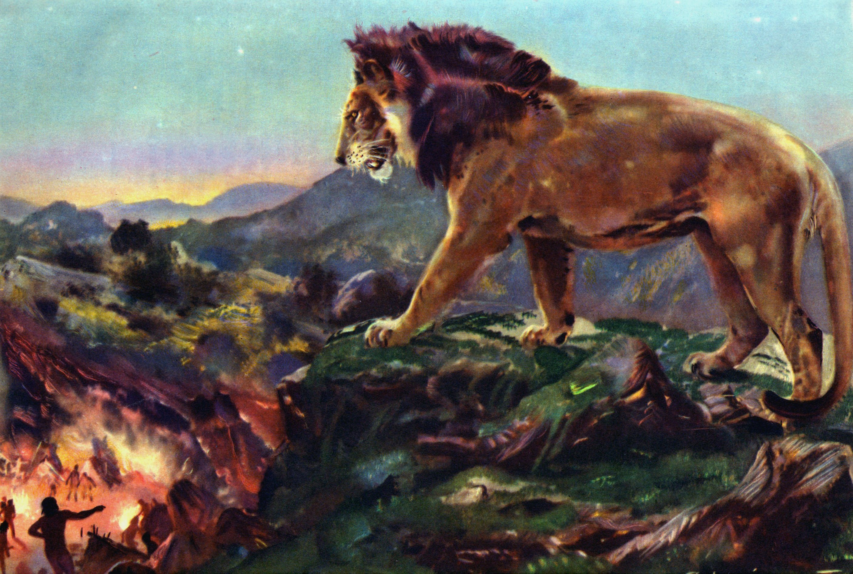 ancient, Animals, Lions, Zdenek, Burian, Lion, Overlooking, Camp, Animals, Painting Wallpaper