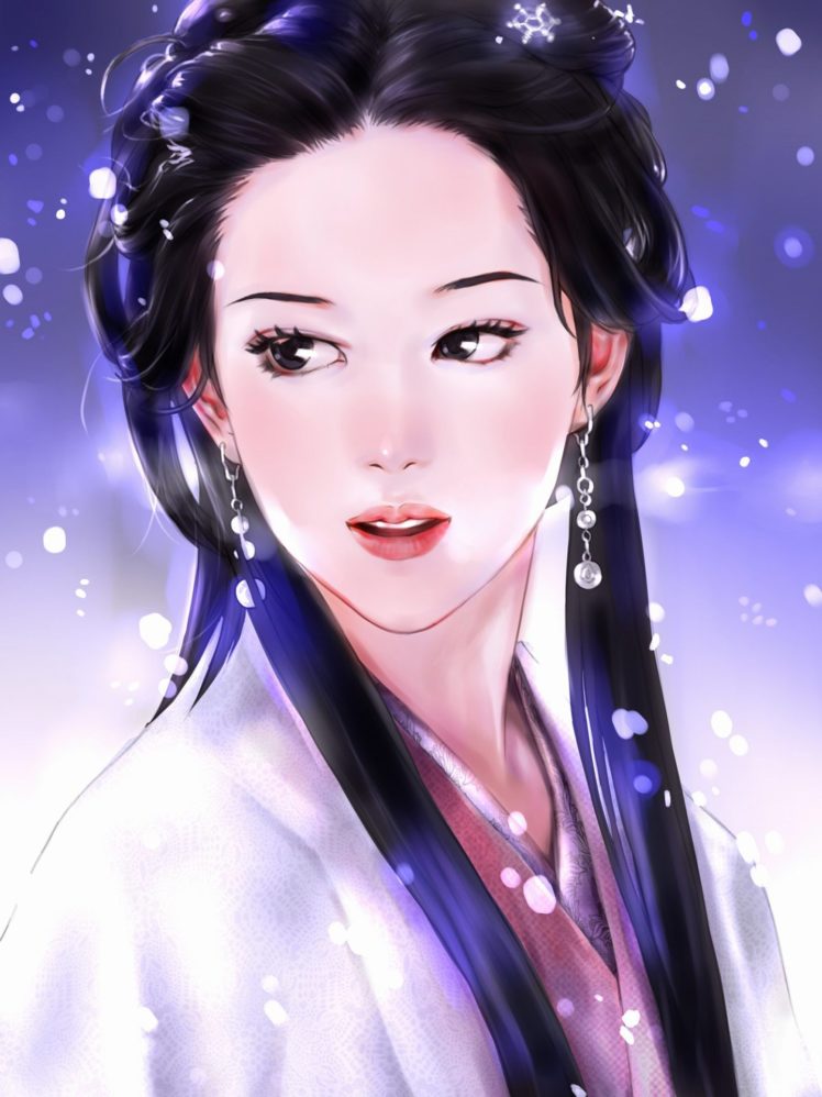 girl, Painting, Long, Hair, Original, Kimono, Face, Fantasy HD Wallpaper Desktop Background