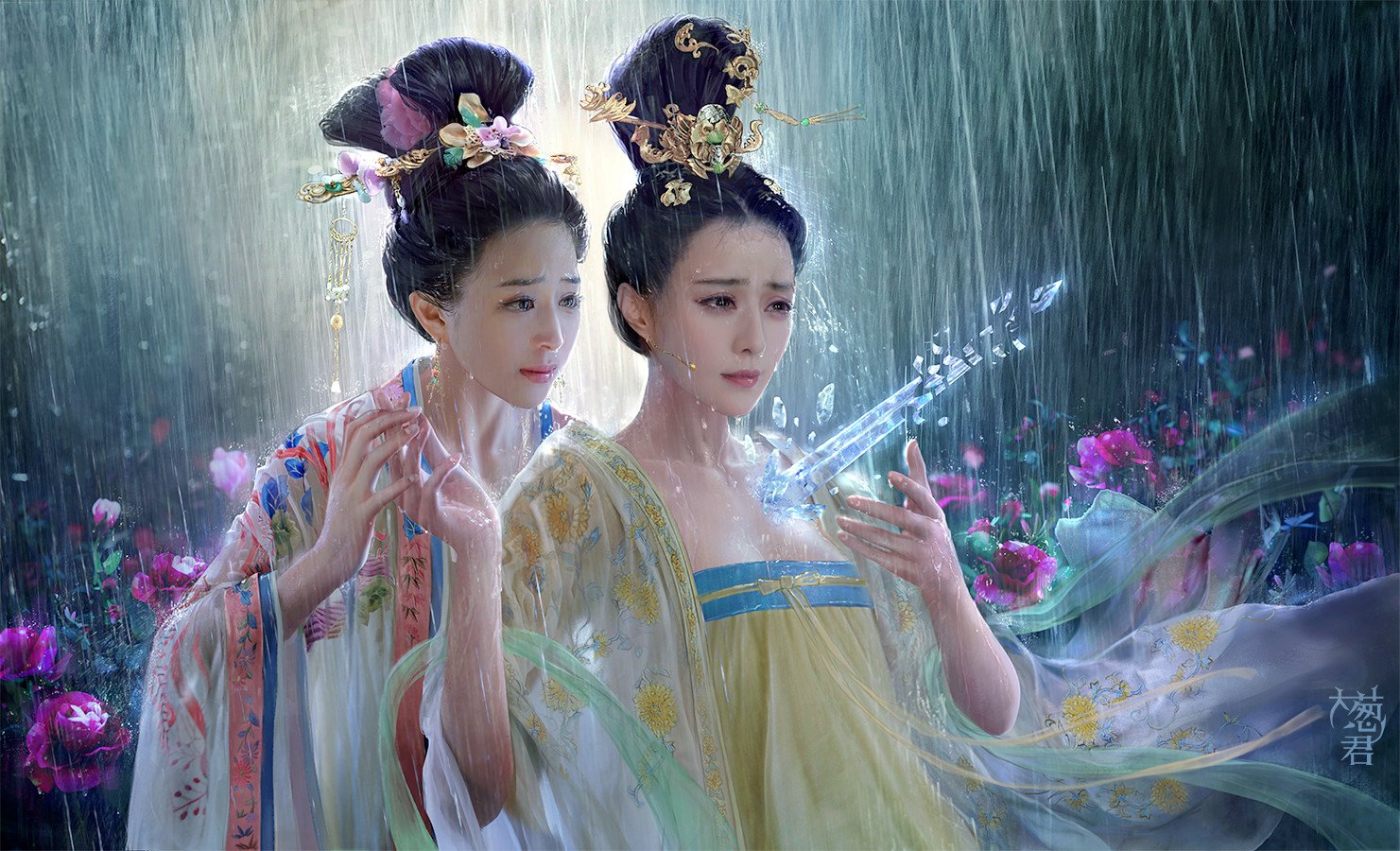 original, Girls, Rain, Flower, Rose, Dress, Fantasy, Realistic Wallpaper