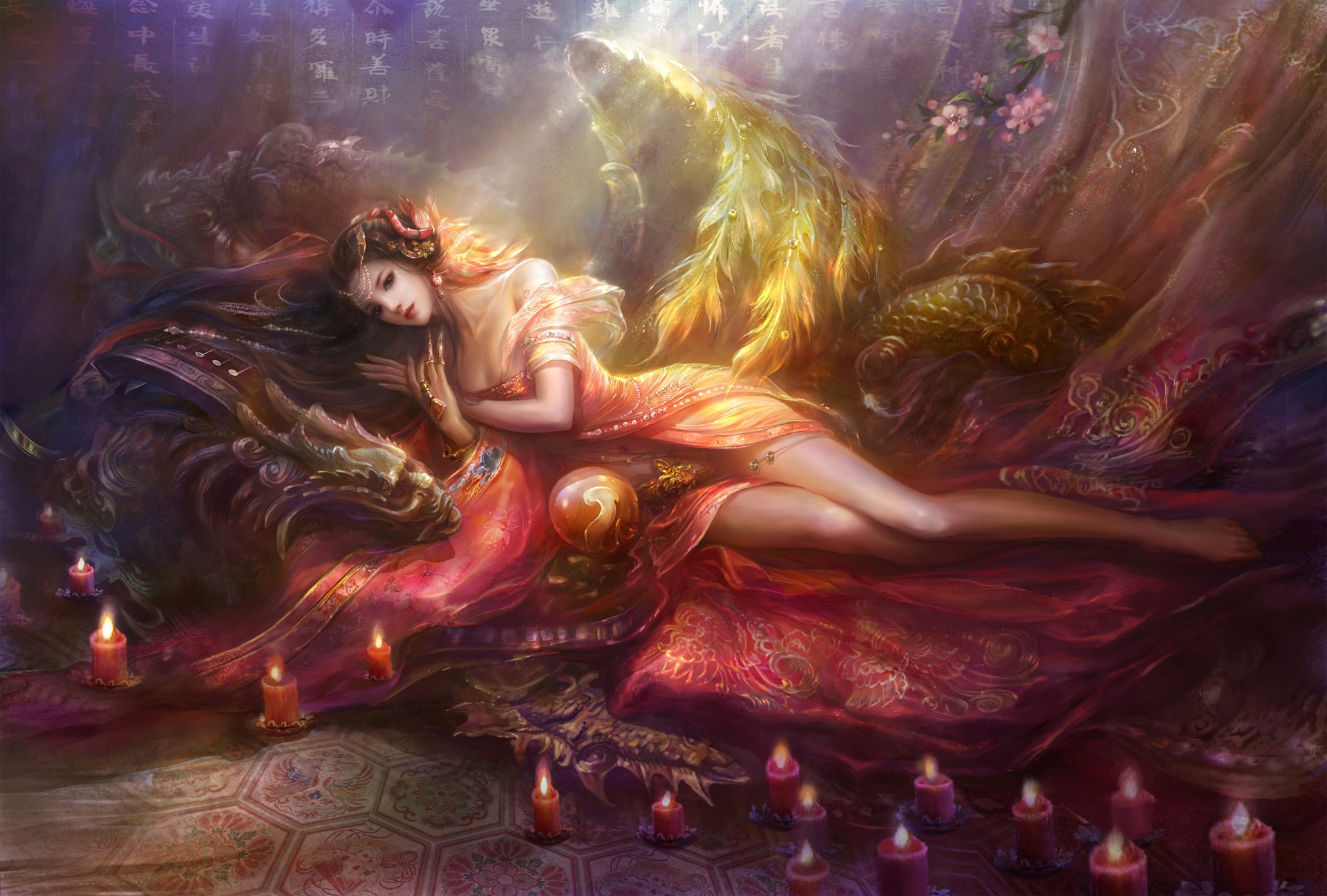 fantasy, Girl, Candle, Long, Hair, Flower, Gold, Wings, Angel Wallpaper