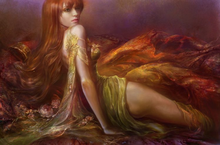 fantasy, Girl, Long, Hair, Rose, Flower, Green, Dress, Bed, Woman HD Wallpaper Desktop Background