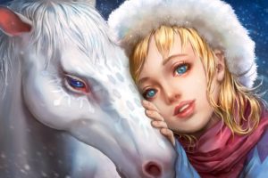 original, Fantasy, Blue, Eyes, Girl, Horse, White, Beautiful, Winter, Animal, Snow