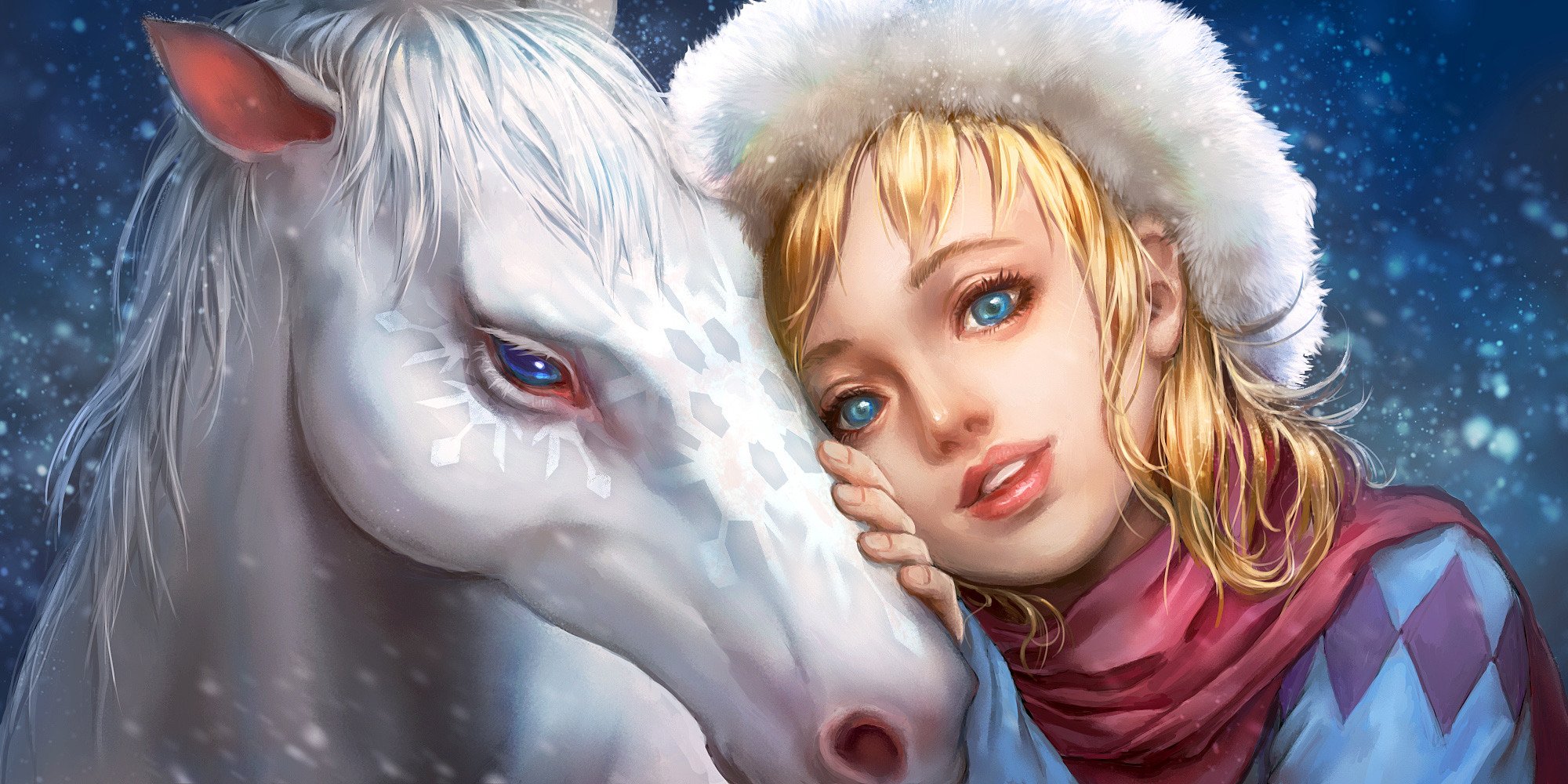 original, Fantasy, Blue, Eyes, Girl, Horse, White, Beautiful, Winter, Animal, Snow Wallpaper