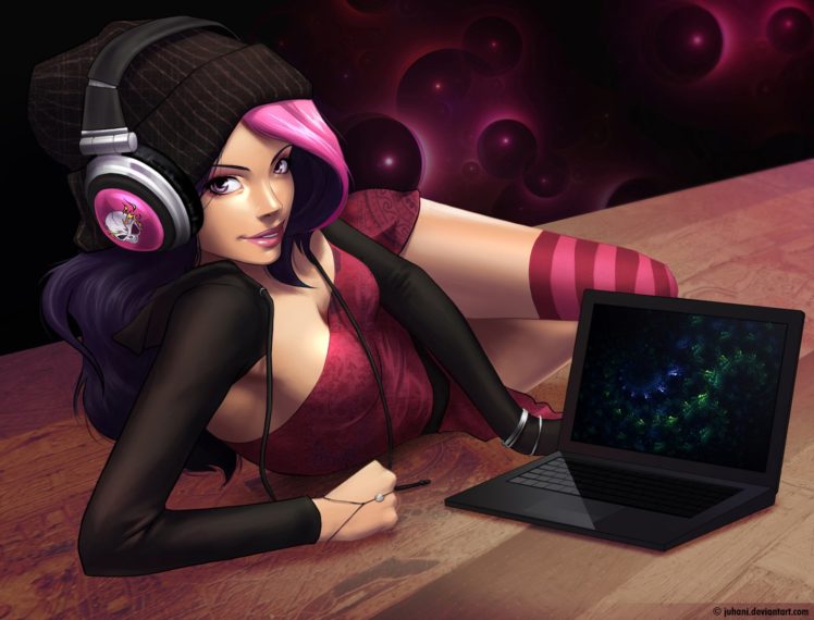 headphones, Girl, Music, Computer, Pink, Long, Hair HD Wallpaper Desktop Background