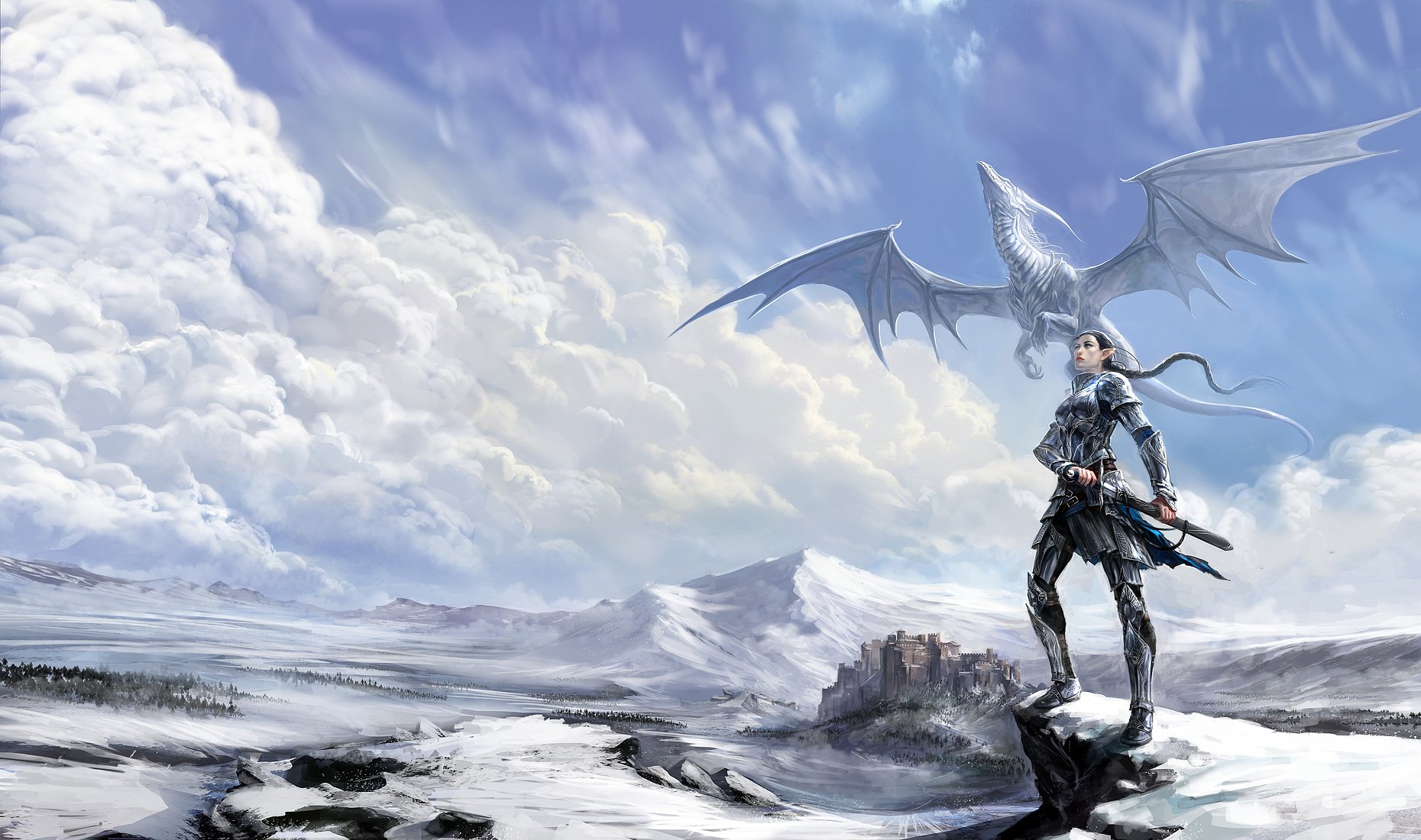 fantasy, Winter, Snow, Warrior, Girl, Dragon, Elf, Mountain, Clouds, Sky Wallpaper