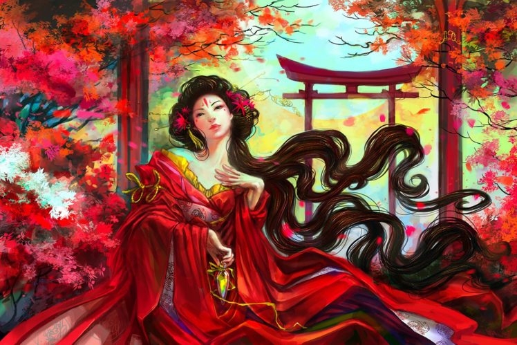 fantasy, Kimono, Long, Hair, Asian, Girl, Tree HD Wallpaper Desktop Background