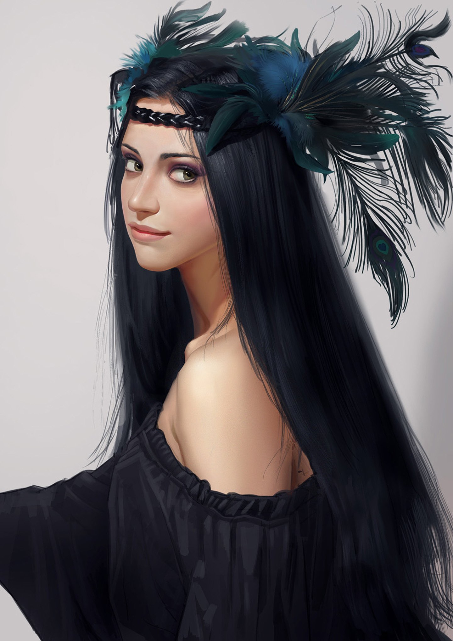 art, Fantasy, Long, Hair, Girl, Beautiful, Face, Smile, Black, Dress Wallpaper