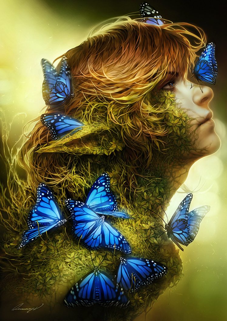 fantasy, Butterfly, Blue, Elf, Fairy, Brown, Hair, Blue, Eyes, Original HD Wallpaper Desktop Background