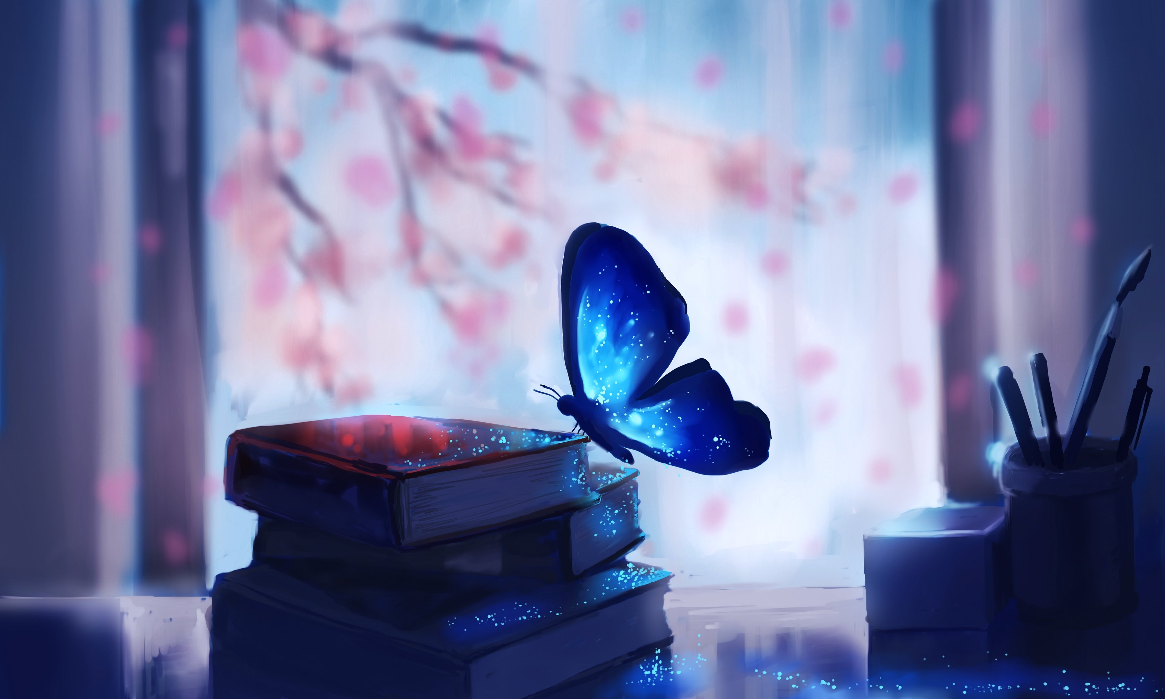 art, Butterfly, Books, Tree, Drawing, Fantasy Wallpaper