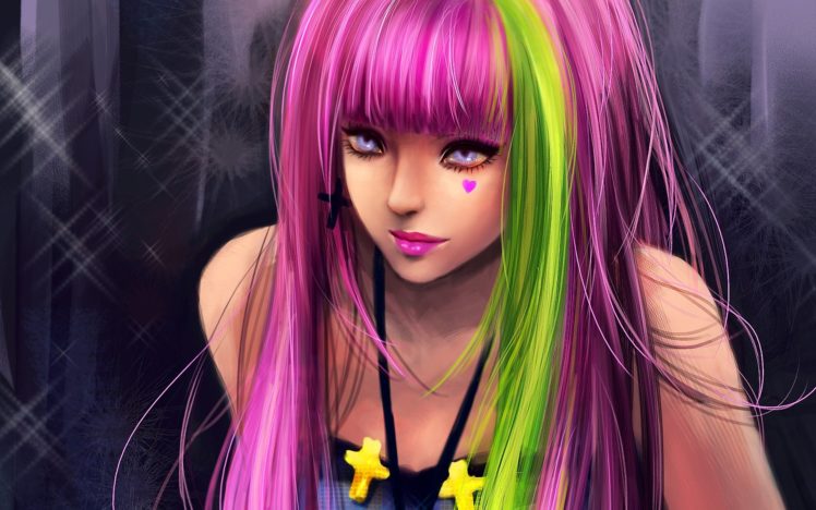 girl, Fantasy, Pink, Green, Hair, Beautiful, Cute HD Wallpaper Desktop Background