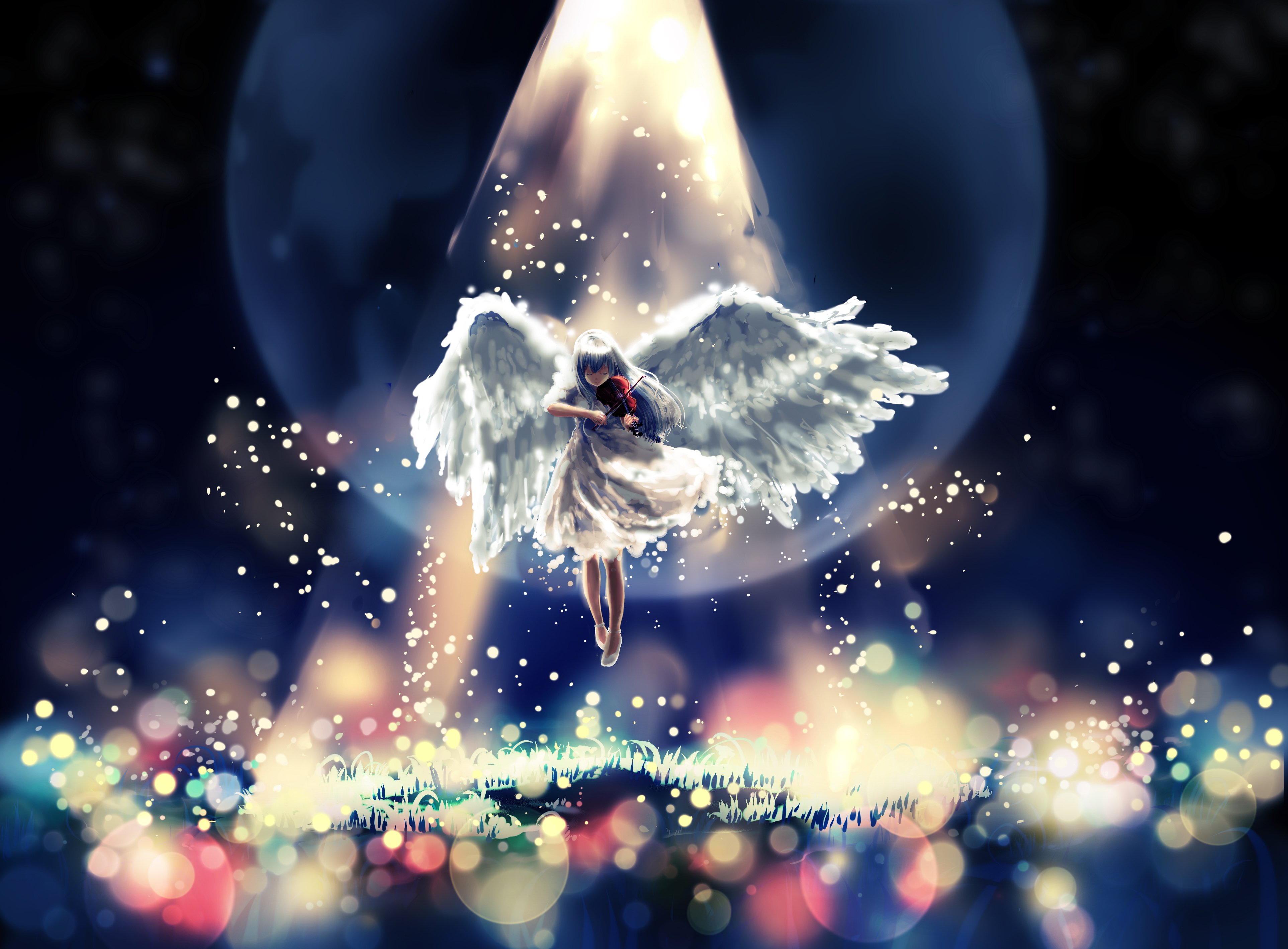 angel, Violin, Magic, Wings, Rays, Of, Light, Fantasy, Girls, Original, Artwork Wallpaper