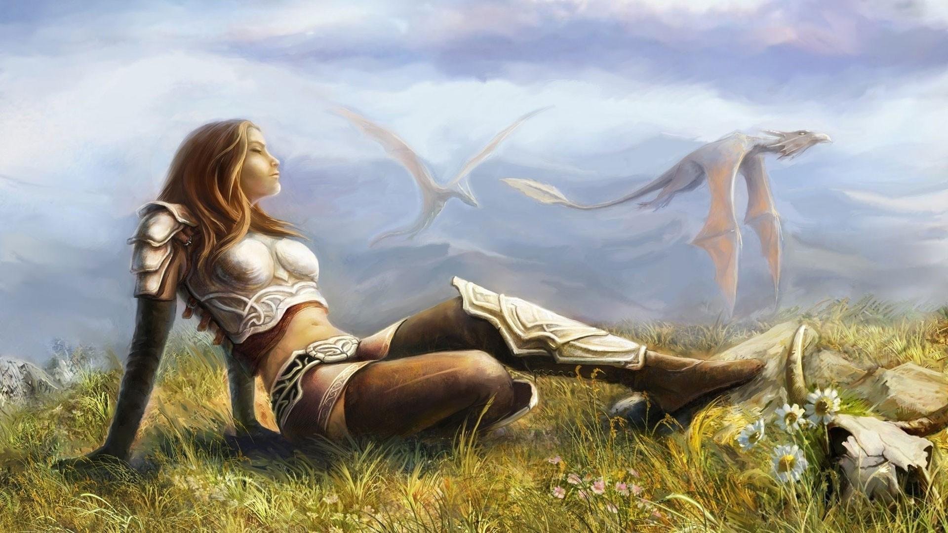 women, Warrios,  , Art, Blondes, Fantasy, Girl, Dragon, Warrior Wallpaper