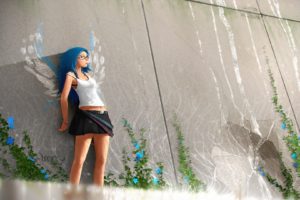 art,  , Anime, Girl, Wall, Skirt, Glasses, Blue, Hair