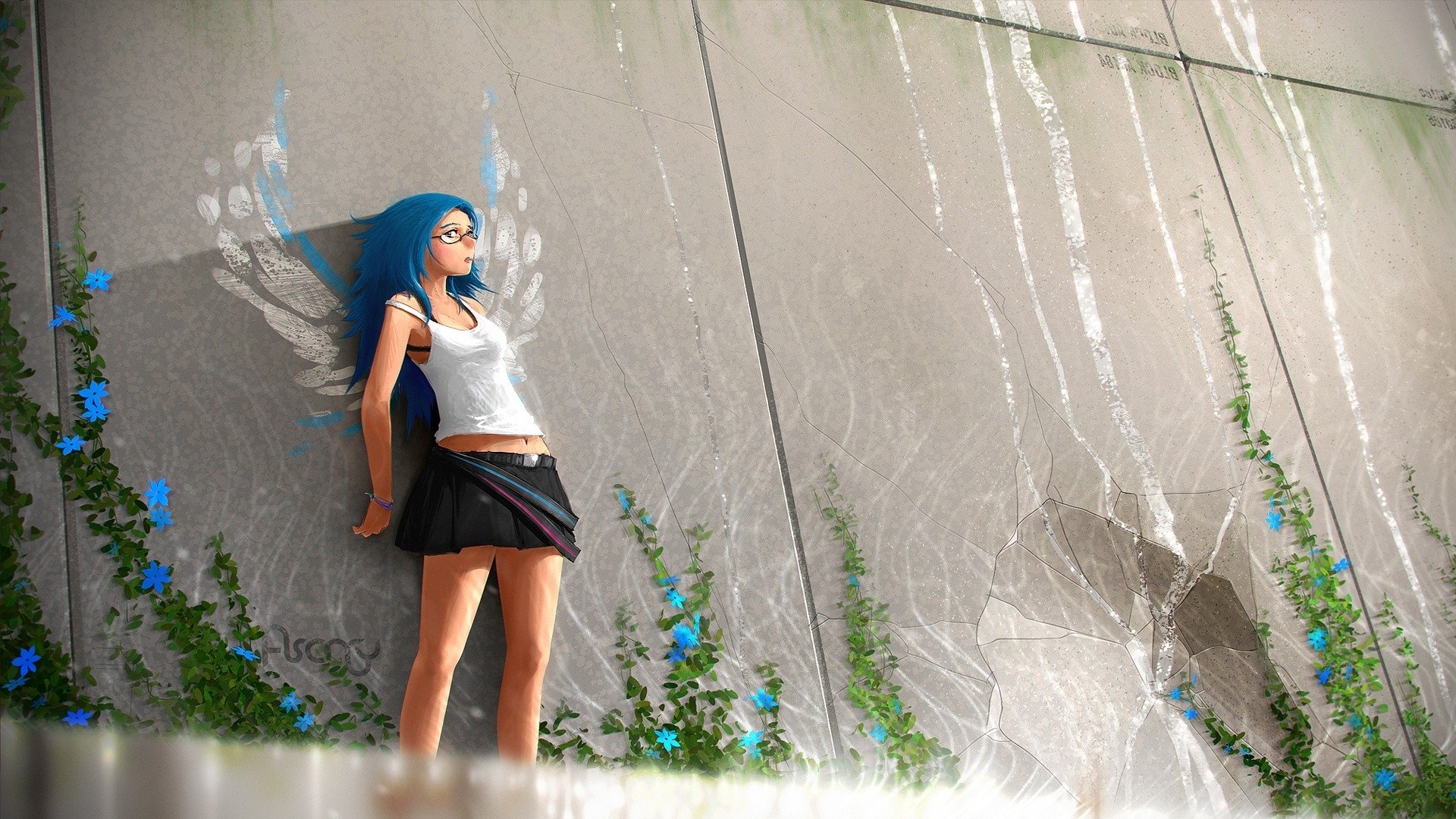 art,  , Anime, Girl, Wall, Skirt, Glasses, Blue, Hair Wallpaper
