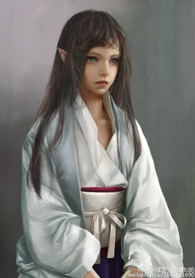 elf, Art, Girl, Kimono, Original, Long, Hair, Fantasy, Green, Eyes HD Wallpaper Desktop Background