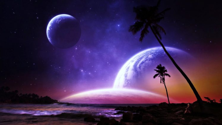 planets, Palms, Fantasy, Dreams, Colorful, Beaches, Space, Stars, Galaxy, Worlds, Earth HD Wallpaper Desktop Background