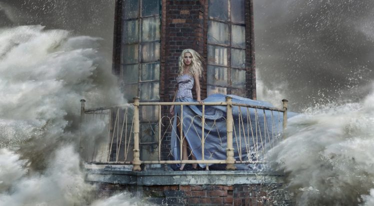girl, Dress, Lighthouse, Storm, Wave, Splash, Sea, Ocean, Storm, Drops, Blonde, Situation, Artwork HD Wallpaper Desktop Background