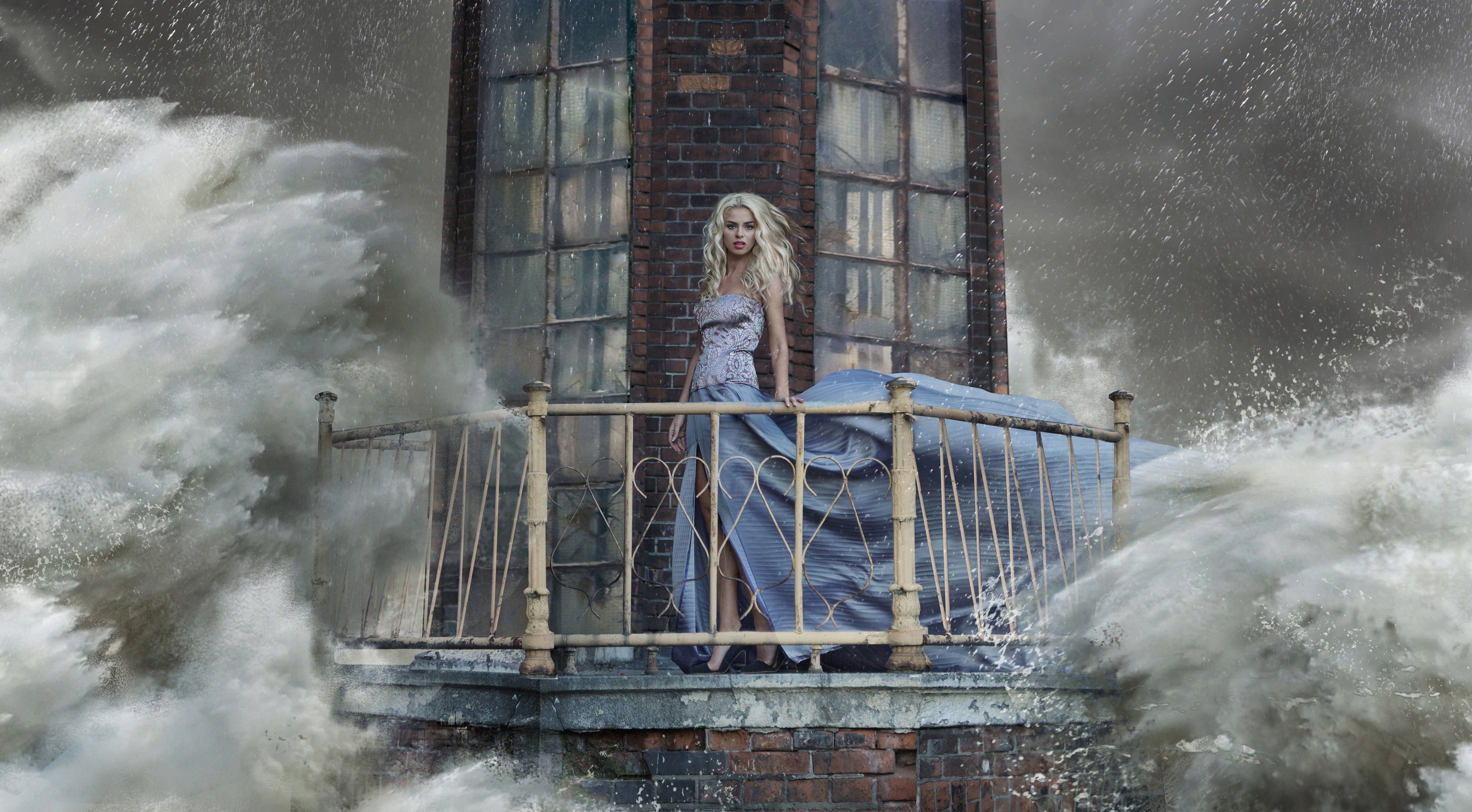 girl, Dress, Lighthouse, Storm, Wave, Splash, Sea, Ocean, Storm, Drops, Blonde, Situation, Artwork Wallpaper