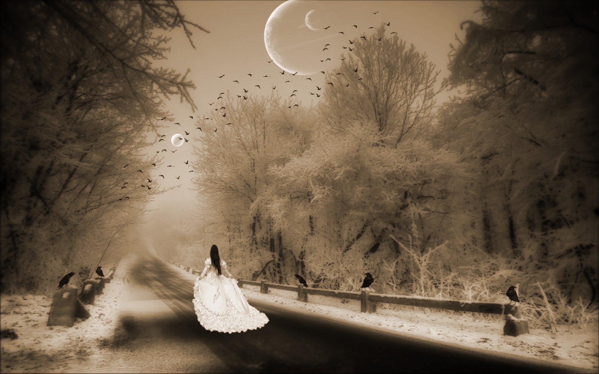 lonely, Mood, Sad, Alone, Sadness, Emotion, People, Loneliness, Solitude, Gothic, Fantasy, Girl, Photoshop, Road, Winter, Moon Wallpaper