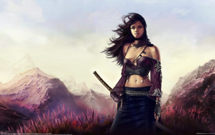 art, Girl, Sword, Wind, Mountains, Katana HD Wallpaper Desktop Background