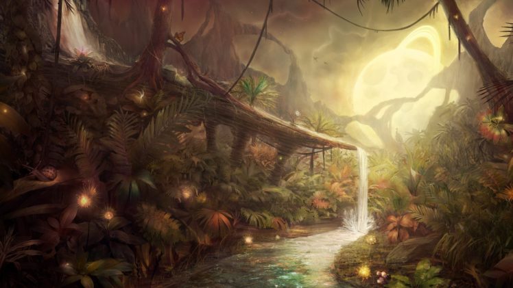 artwork, Fantasy, Magical, Art, Forest, Tree, Landscape, Nature, Waterfall HD Wallpaper Desktop Background