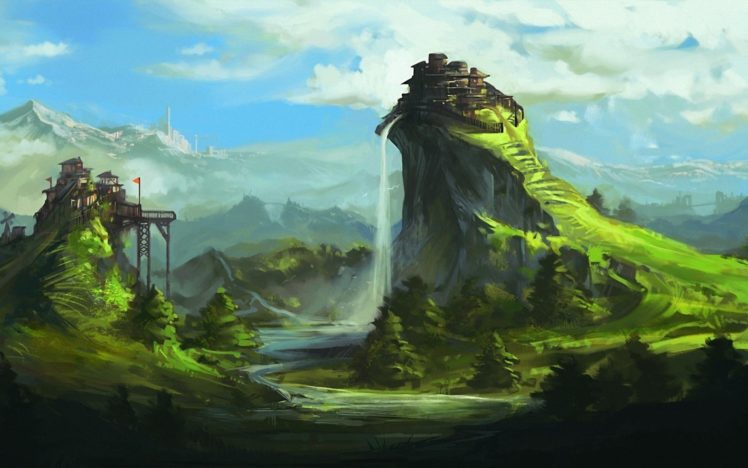 mountains, Landscape, Nature, Mountain, Artwork, Waterfall HD Wallpaper Desktop Background