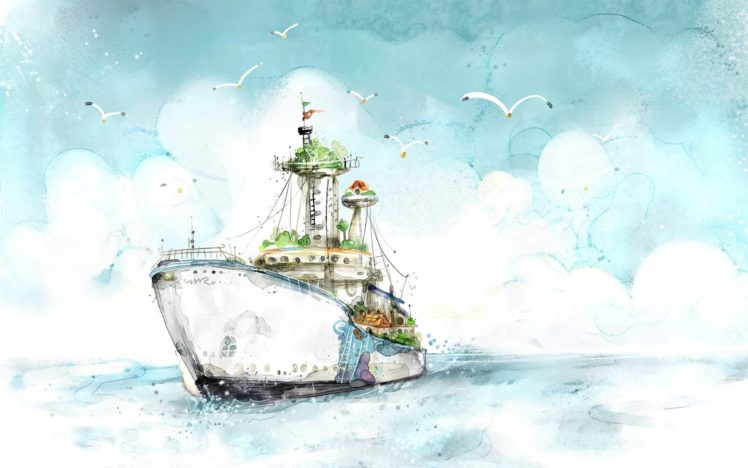 fantasy, Ship, Boat, Art, Artwork, Ocean, Sea HD Wallpaper Desktop Background