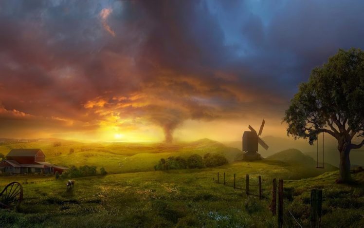 fantasy, Sky, Tree, Grass, Field, Tornado, Windmill HD Wallpaper Desktop Background