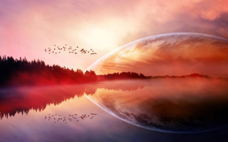 fantasy, Sky, Bird, Sunset, Planet, Lake HD Wallpaper Desktop Background