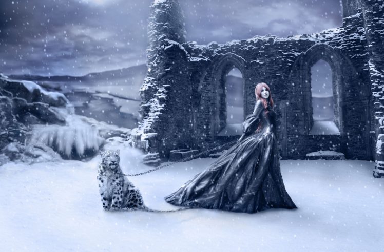 snow, Fantasy, Girl, Tiger, Dress HD Wallpaper Desktop Background