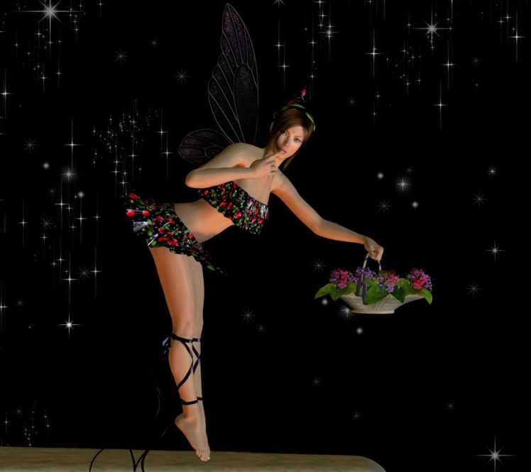 arts,  , 3d, Drawing, Fantasy, Girl, Women, Fairy, Flowers, Wings, Basket, Lights, Stars HD Wallpaper Desktop Background