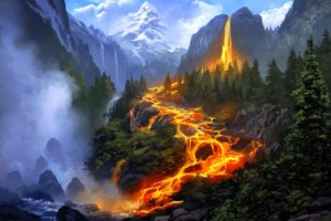 fantasy, Mountain, Fire, Tree
