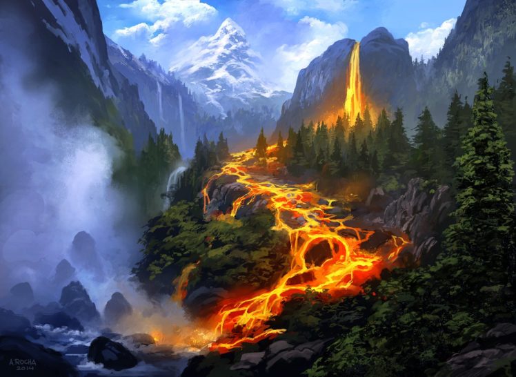 fantasy, Mountain, Fire, Tree HD Wallpaper Desktop Background