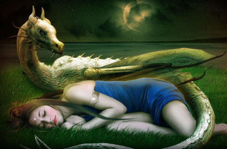 fantasy, Beautiful, Asleep, Princess, Dragon, Horns, Moon, Nigt Wallpapers  HD / Desktop and Mobile Backgrounds