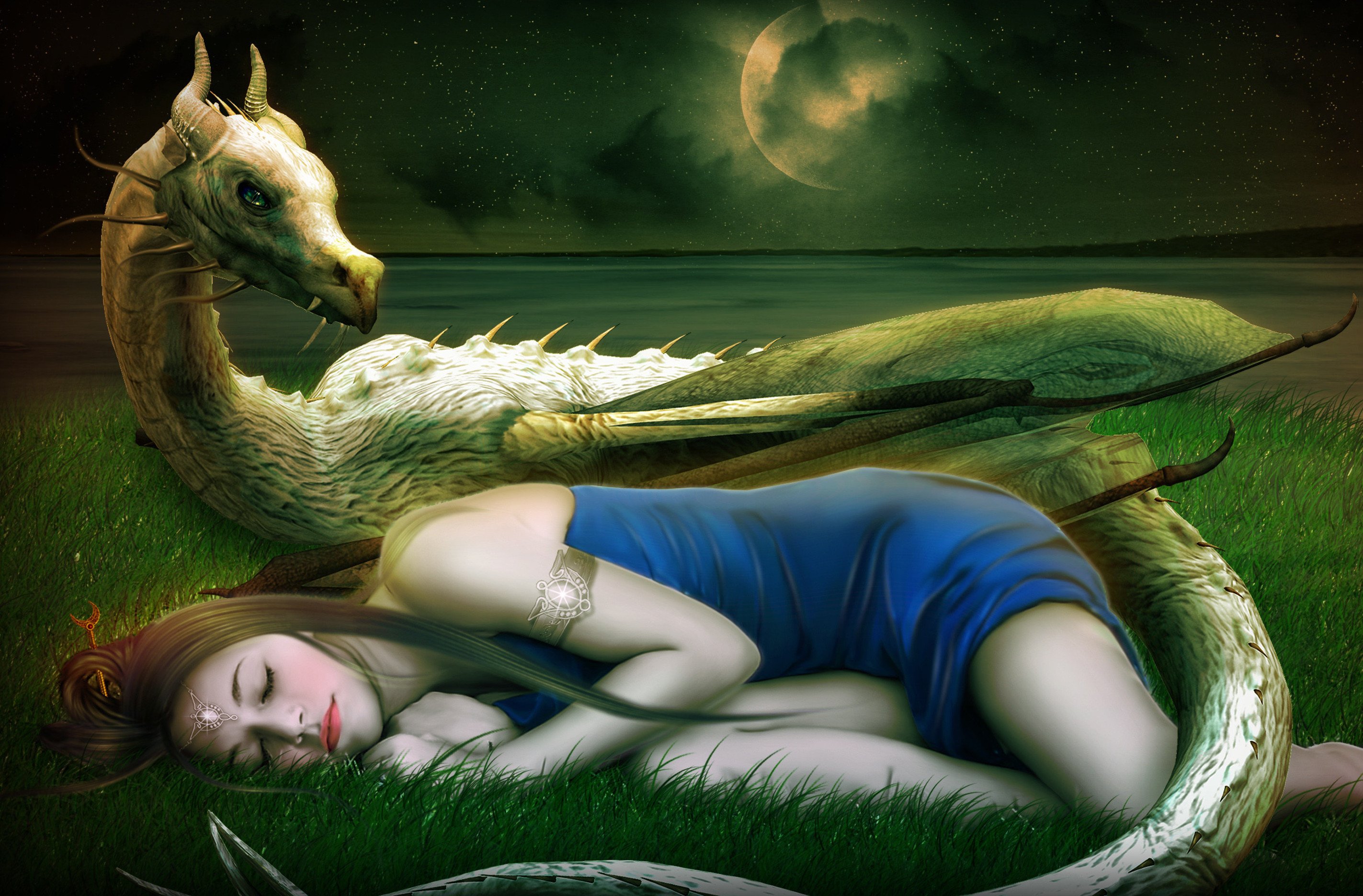 fantasy, Beautiful, Asleep, Princess, Dragon, Horns, Moon, Nigt Wallpaper