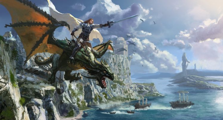 arts, Warrior, Sea, Rock, Dragon, Castle, Sword, Rider, Cloak HD Wallpaper Desktop Background