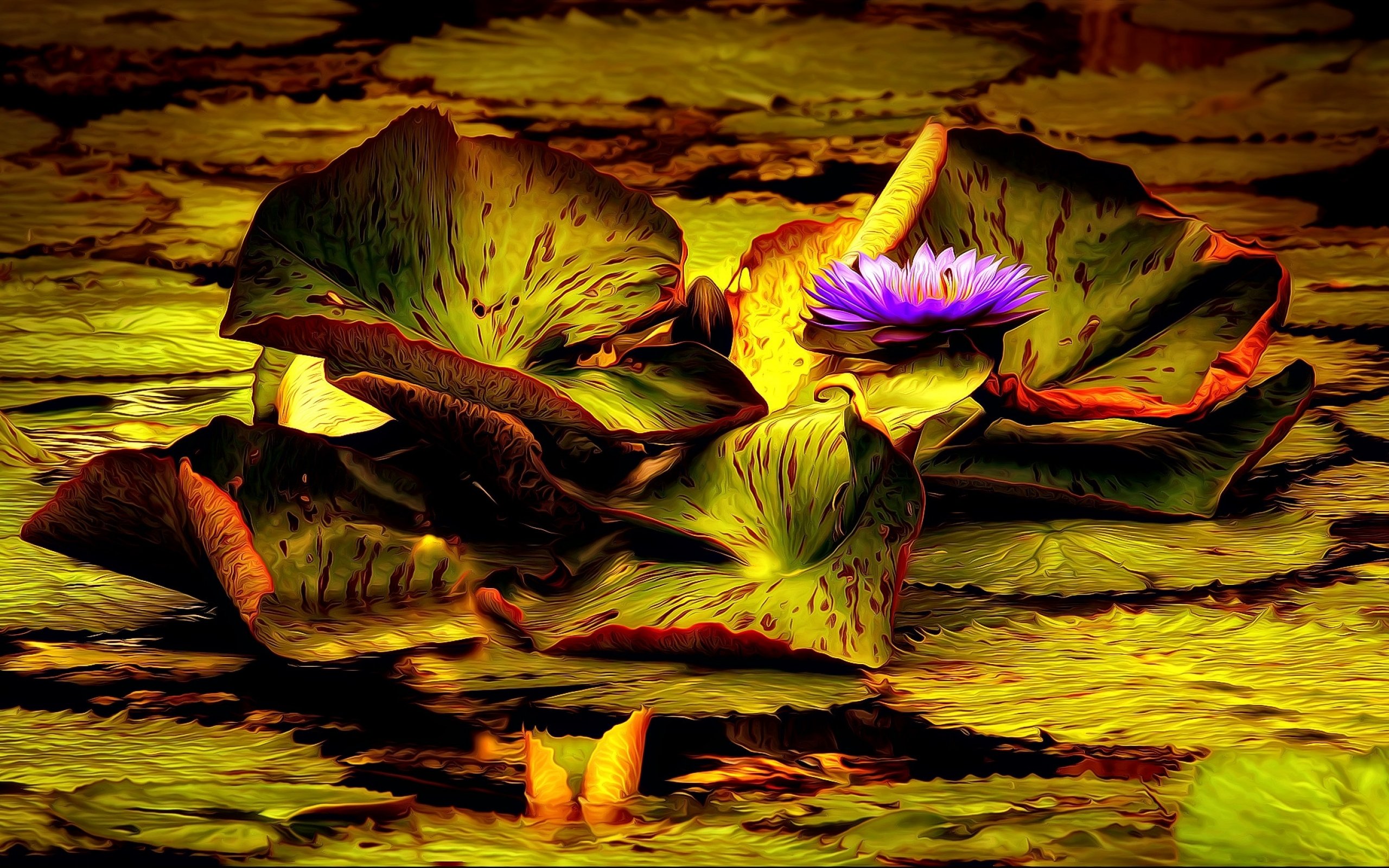 art, Painting, Pond, Leaf, Flower, Water, Lily, Lily Wallpaper
