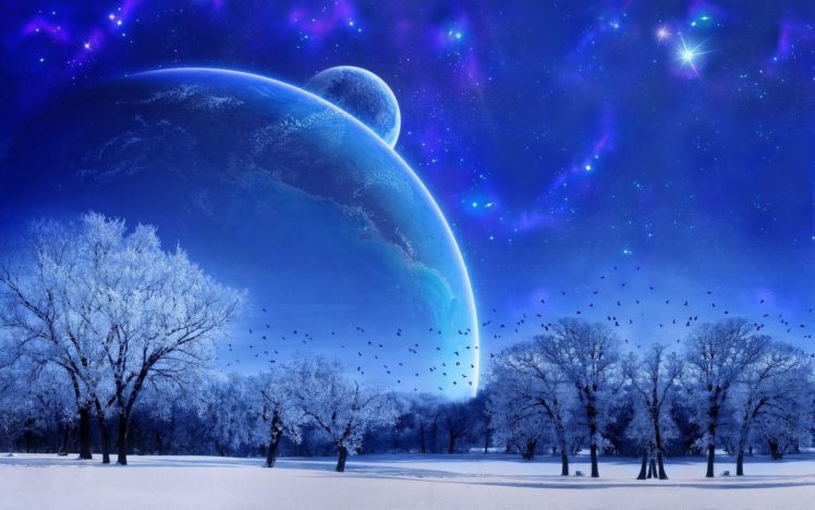 nature, Landscape, Winter, Sky, Snow, Full, Moon, Trees, Birds, Evening HD Wallpaper Desktop Background