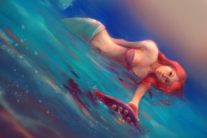 mermaid, Painting, Art, Redhead, Girl, Fantasy, Girls
