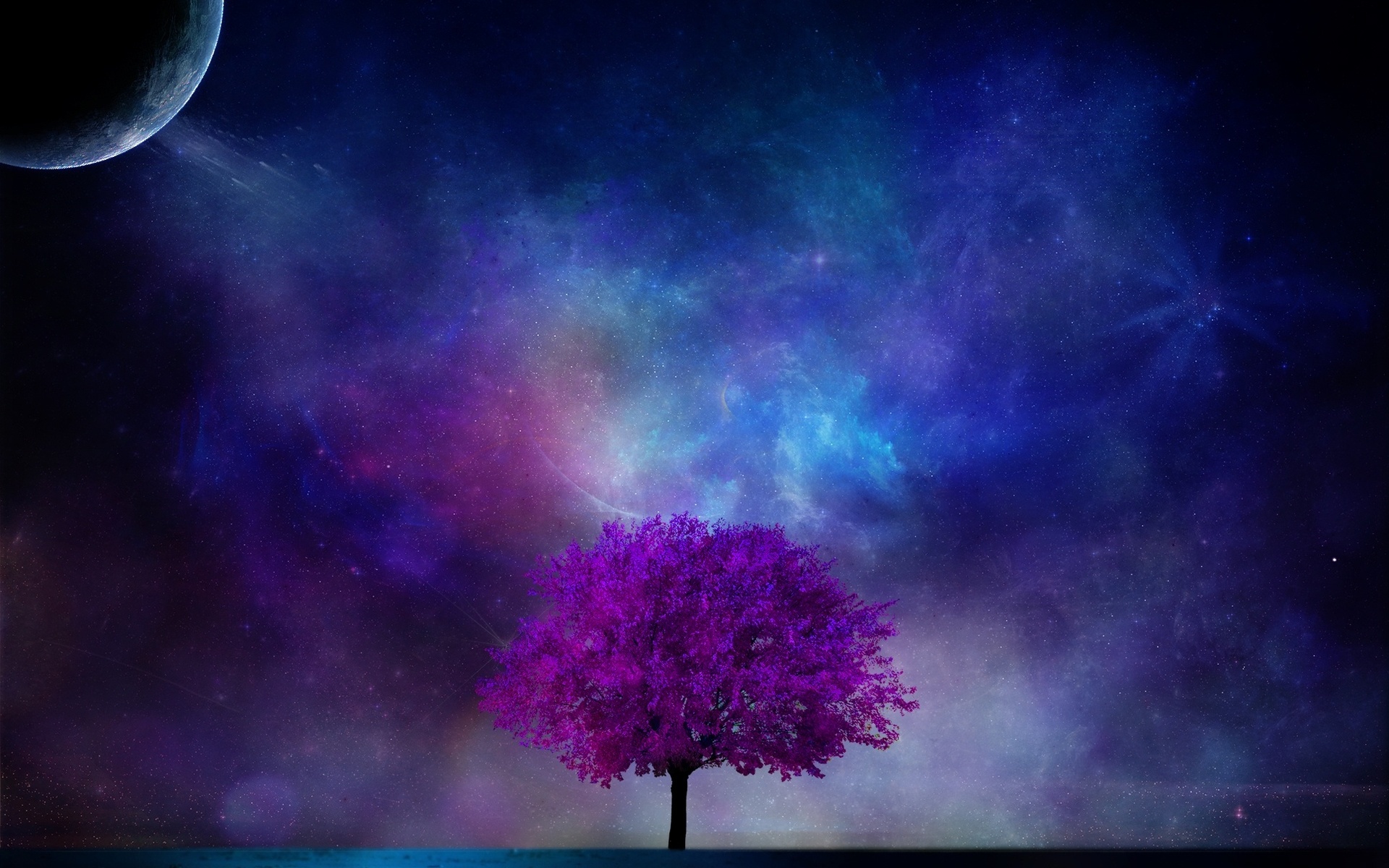tree, Planet, 3d, Art, Nebula, Sky, Sci fi, Planet, Moon, Stars, Blossom Wallpaper