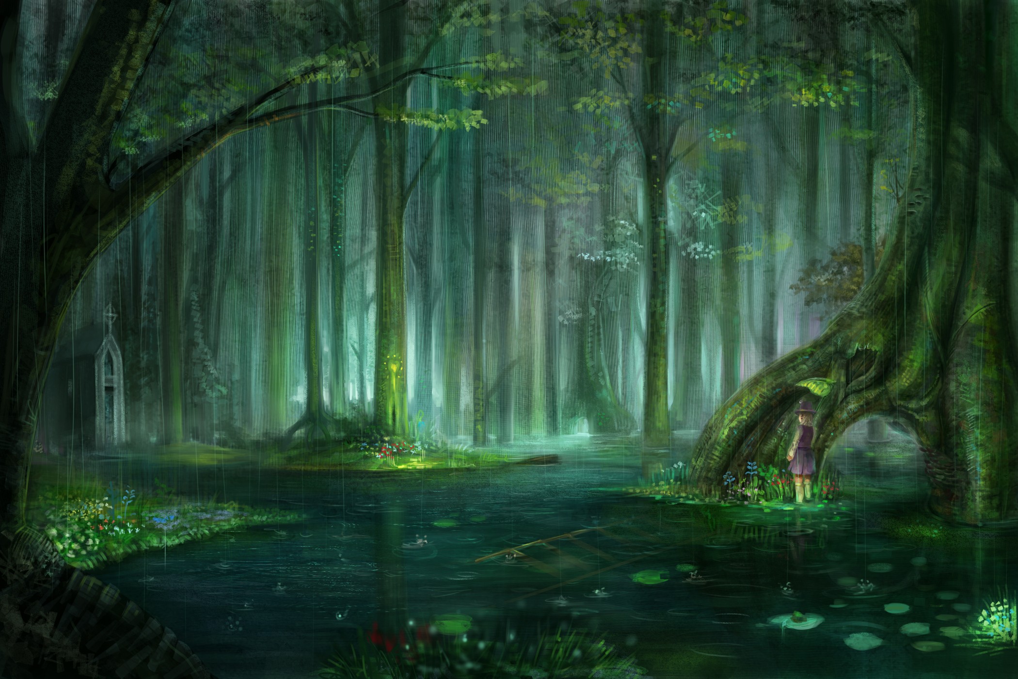blondes, Water, Landscapes, Nature, Touhou, Trees, Rain, Flowers, Forest, Leaves, Pond, Plants, Short, Hair, Scenic, Moriya, Suwako, Chapel, Anime, Raindrops, Lakes, Water, Lilies, Temple, Ladder, Hats, Anime, Gi Wallpaper