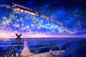 stars, Trains, Telescope, Scooters, Scenic, Anime, Anime, Boys, Skyscapes, Anime, Girls, Railway