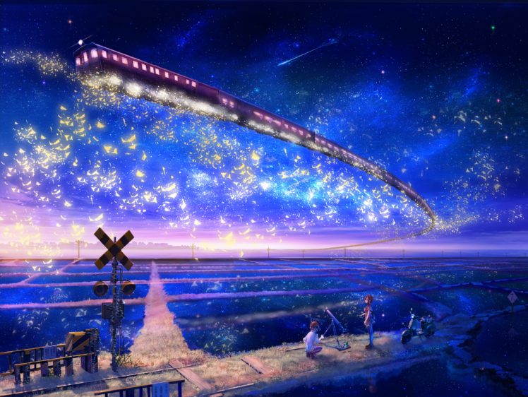 stars, Trains, Telescope, Scooters, Scenic, Anime, Anime, Boys, Skyscapes, Anime, Girls, Railway HD Wallpaper Desktop Background
