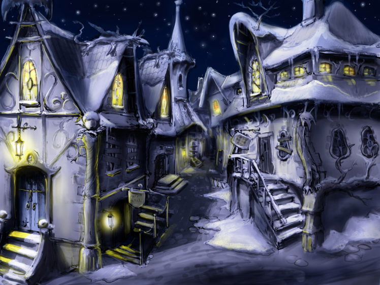 painting, Fantasy, House, Town, Winter, Snow HD Wallpaper Desktop Background