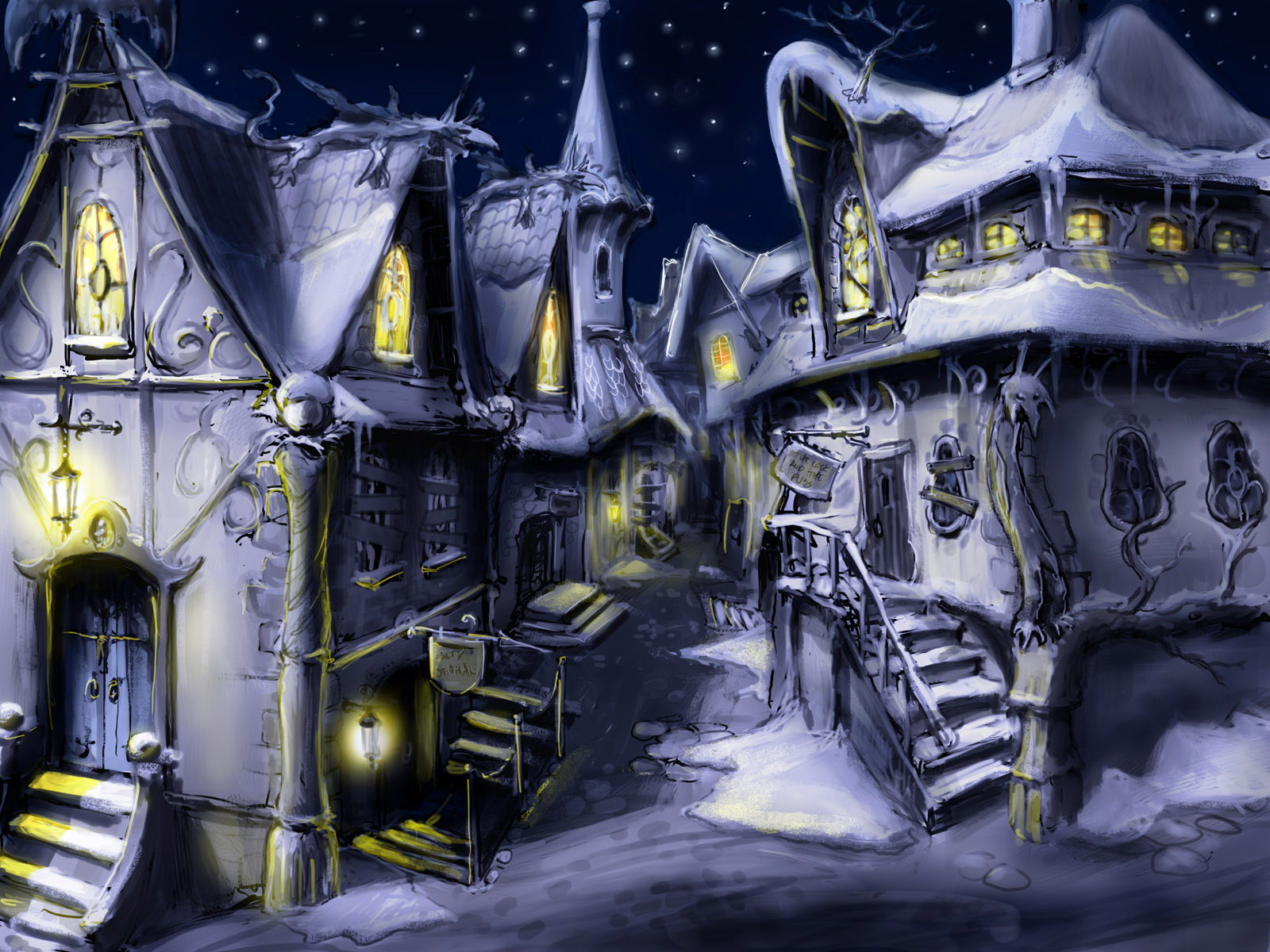 painting, Fantasy, House, Town, Winter, Snow Wallpaper