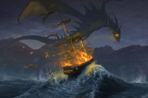 dragons, Waves, Fire, Ships, Fantasy, Art