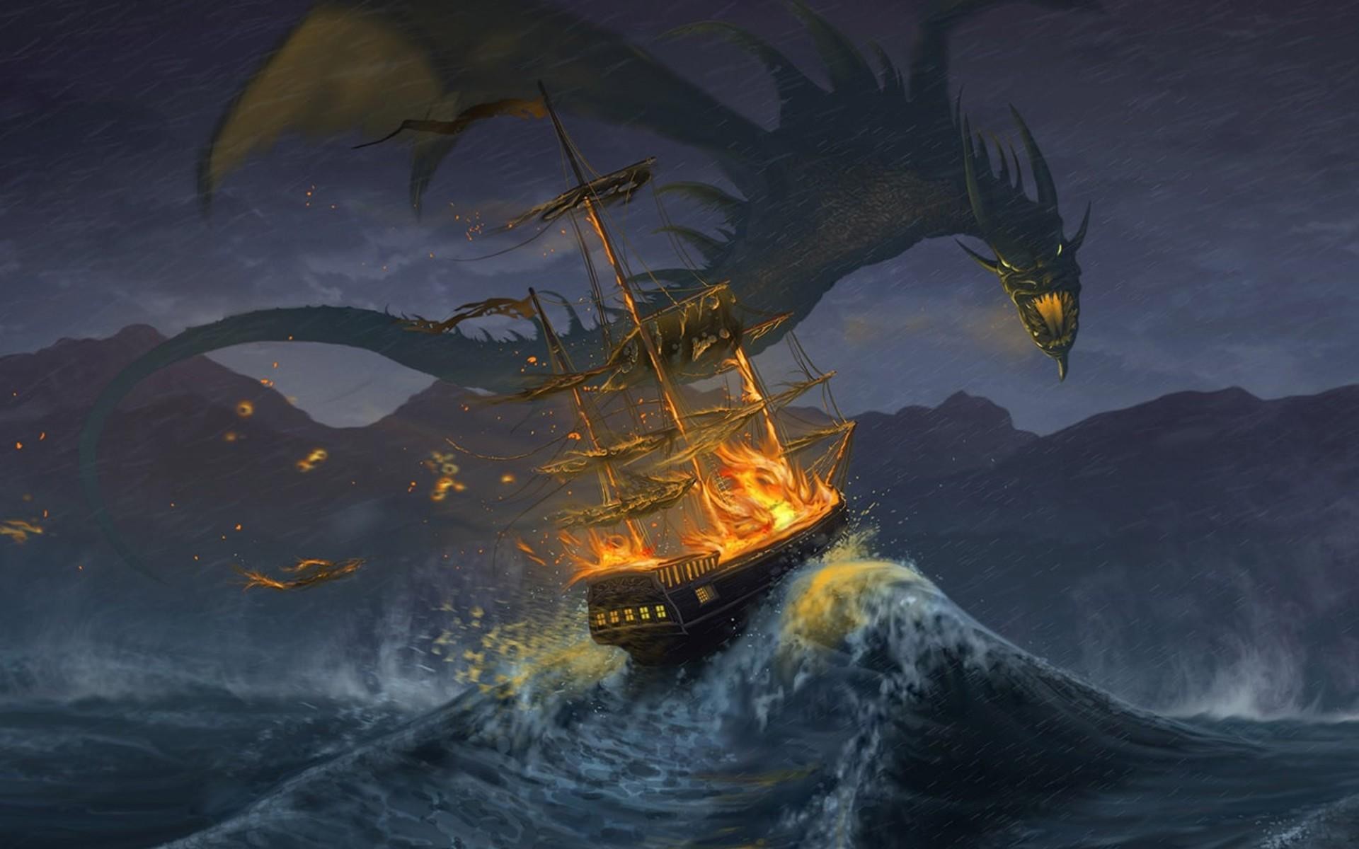 dragons, Waves, Fire, Ships, Fantasy, Art Wallpaper