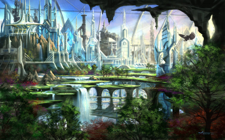 cityscapes, Futuristic, Garden, Fantasy, Art, Waterfalls HD Wallpaper Desktop Background