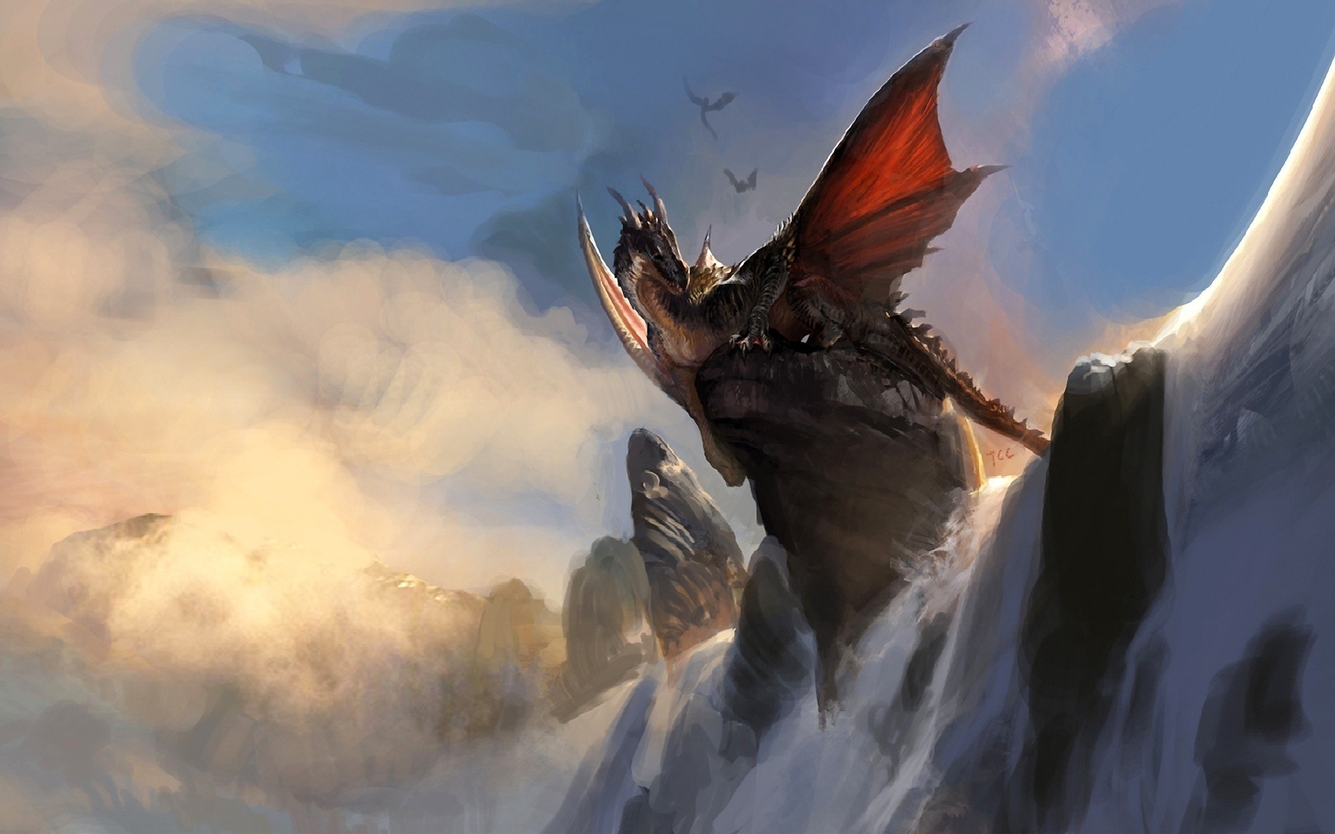 wings, Dragons, Fantasy, Art, Artwork, Waterfalls Wallpaper