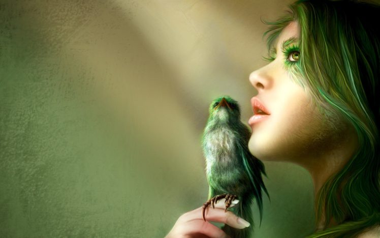 green, Women, Fantasy, Birds, Fantasy, Art, Green, Hair HD Wallpaper Desktop Background